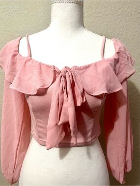 LBD Pink Ruffle Tie-Front Off-Shoulder Crop Top